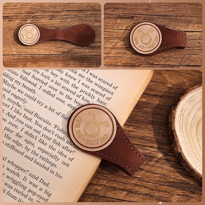 3 PCS Leather Magnetic Bookmark Clips, Zodiac PU Leather Bookmarks for Book Lovers, Full Set of Book Clip Accessories, Earth Sign