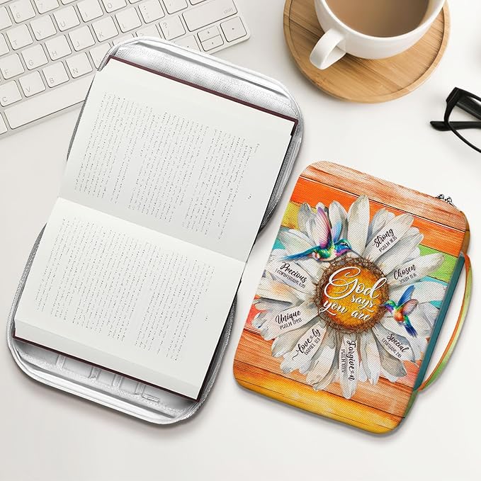 God Says You Are Bible Cover for Women with Handle and Zipper Pocket, Inspirational Canvas Bible Case with Hummingbird and Daisy Design, Fits Standard Size Bible, Christian Gift for Girls