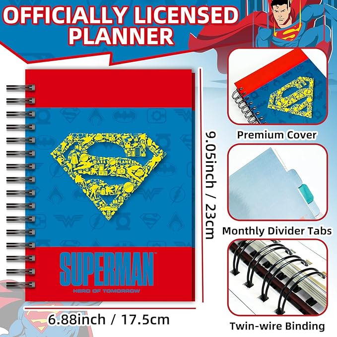 Superman 2026 Planner – Superhero Undated Daily, Weekly & Monthly Planner with Calendar & Holiday Tracker, Monthly Tabs, Habit Tracker, 12 Months Spiral Agenda Book for Office School Gift Supplies