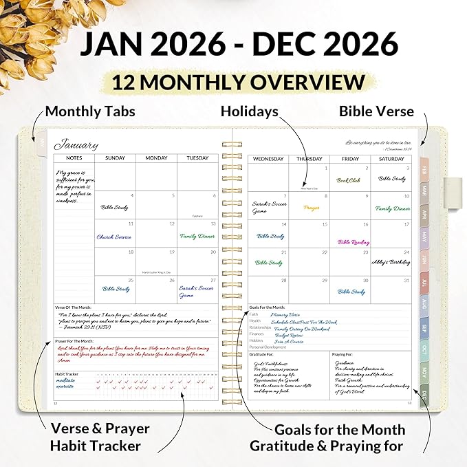2026 Christian Planner - 12 Month Bible Journal and Prayer Planner A5 Spiral Bound, Monthly & Weekly Christian Organizer Gifts for Women Men (Beige)