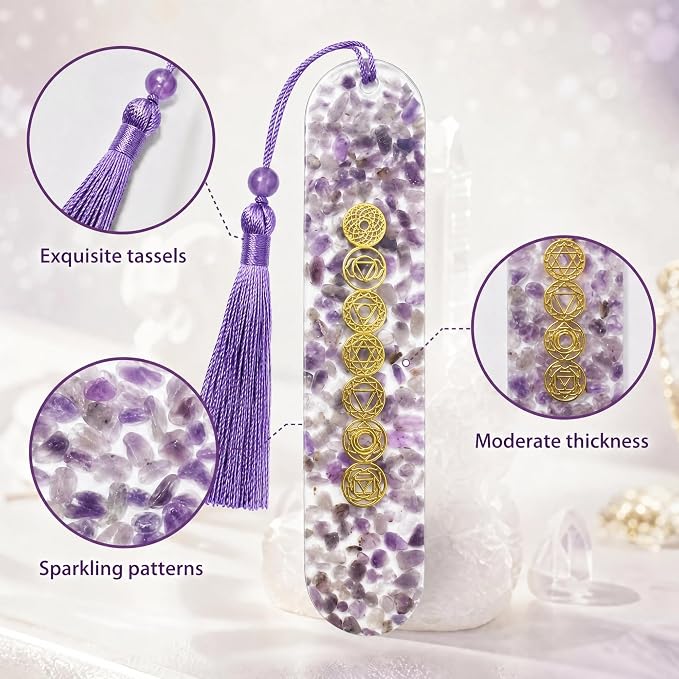 Fantasy Vintage Bookmark Gifts - Amethyst 7 Chakra Healing Crystals Resin Bookmarks for Women Men Book Lovers Beaded Tassels Page Marks Reading Accessories Bookish Birthday Graduation Gift