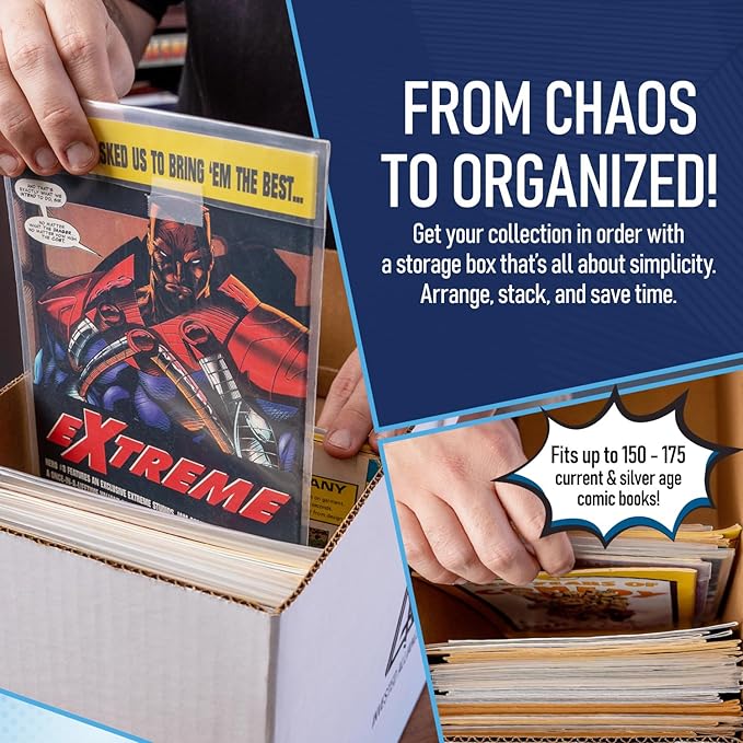 Invested Alliance Premium Short Comic Book Storage Box Organizer with Lid | Thick Cardboard Comic Storage Box For Collectibles Fits 150-175 Current/Silver Age, Heavy Duty & Stackable.