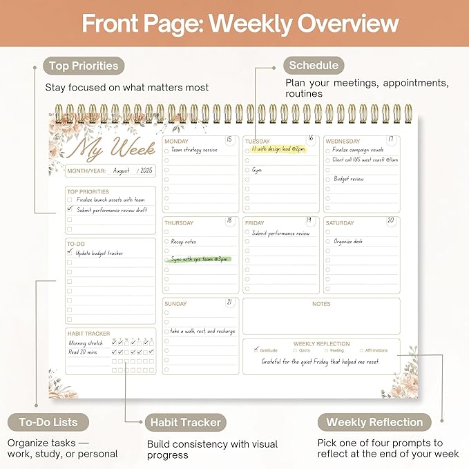 Weekly Planner Notepad 8.5x11 Inches – 52 Weeks Undated Dashboard Desk Pad for To-Do List, Schedule & Notes – Productivity Planner for Work, School, Home & Busy Professionals (Blush Pink)