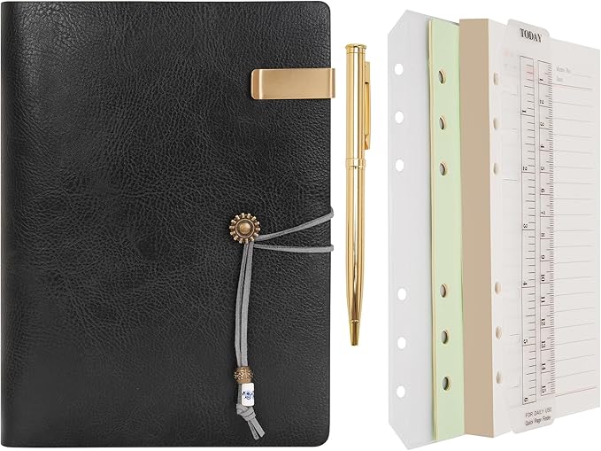 WONDERPOOL Leather Journal Lined Paper Notebook & Pen - Refillable 6 Ring Binder Writing Spiral Diary with Ruled Notepads Vintage Cover for Office Travel Work and Plan Agenda (a-Black, A5)