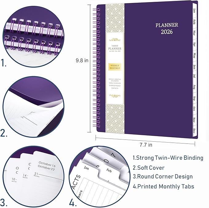 Planner 2026-2027 - 2026 Planner(January - December 2026), 8" x 10", Calendar Planner 2026, 2026 Planner Weekly and Monthly Spiral Bound, Flexible Cover, To-Do List, 12 Monthly Tabs