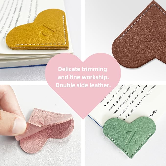 6Pcs Personalized Leather Heart Bookmark with Initial,26 A-Z Letters Cute Corner Book Mark for Reading,Book Page Accessories for Women, Book Lovers, Teachers, Students Gifts