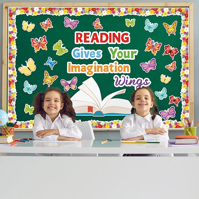 Qyeahkj Spring Reading Bulletin Board Set Classroom Decorations Reading Gives Your Imagination Wings Bulletin Board Butterfly Flower Paper Cutouts for Classroom School Read Wall Decor Supplies