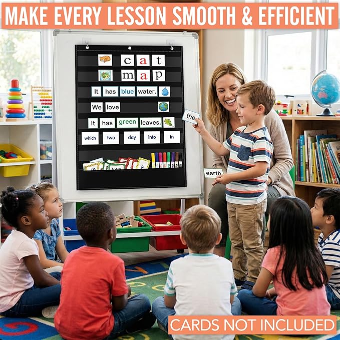 Pocket Chart for Classroom - 7+1 Black Pocket Chart for Alphabet Learning Word Wall Calendar Daily Schedule Sentence Strips Sticker Display, Teacher Supplies for Preschool Kindergarten & Home