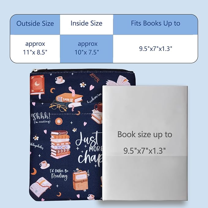 Just One More Chapter - Waterproof Book Sleeve with Zipper & Front Pocket | 11x8.5 Inch Canvas Book Cover Protector | Perfect Book Lovers Gift for Travel