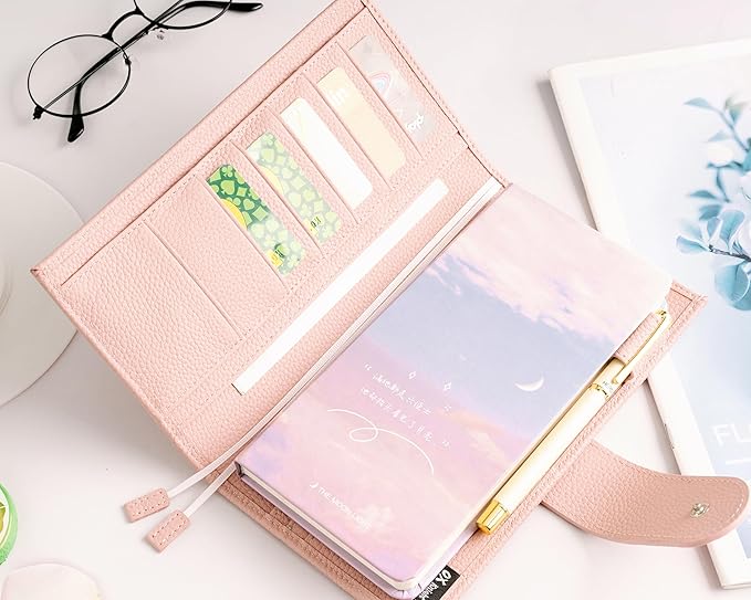 Genuine Leather Cover for Hobonichi Weeks/Weeks Mega with Pen Loop, Card Slots, Back Pocket, and Bookmarks (Pink)