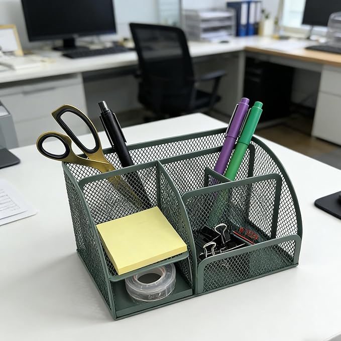 Fengtaiyuan T20, Forest Green Metal Mesh Desk Organizer with Drawer, 8.66x5.12x5.51 inch Multi-functional Desktop Storage Caddy for Office, School, Art Supplies (T20)