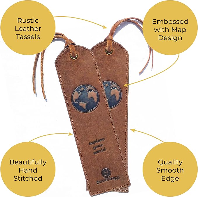 Leather Bookmark Handmade with World Map Design - 2 Genuine Leather Book Marks - Perfect Bookmarks for Men Women and Kids | Great Book Lovers Gift for Bookworms Writers and Explorer Friends