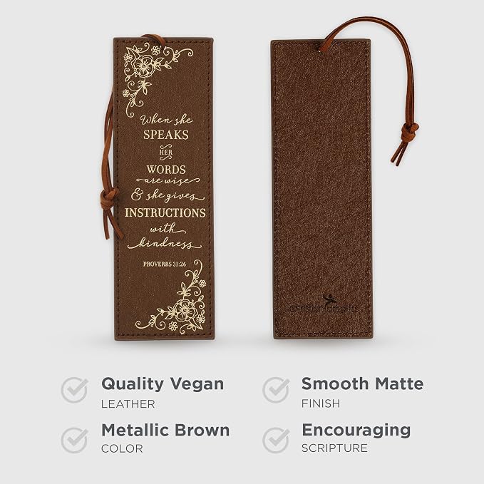 Christian Art Gifts Premium Vegan Faux Leather Scripture Bookmark for Women: When She Speaks - Proverbs 31:26 Inspirational Bible Verse, Heat-Debossed, Faith-Based Reading Accessory with Cord, Brown