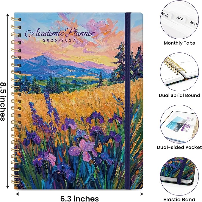 Planner 2026–2027, Academic Planner Weekly and Monthly Calendar Jul 2026 – Jun 2027 Hardcover Planner with Tabs and Pocket, Spiral Bound Agenda Book for Student & Teacher, 6.3" x 8.5", Golden Meadow