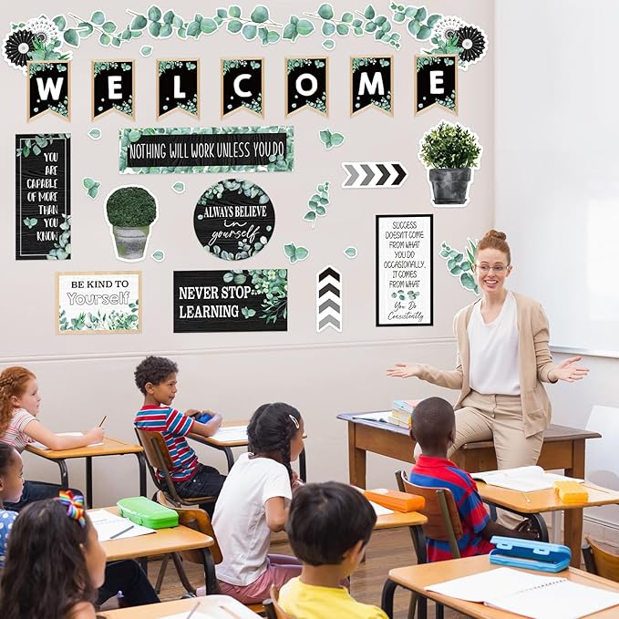 FYSUIMU 47Pcs Modern Farmhouse Inspirational Bulletin Board Welcome Banner Eucalyptus Greenery Paper Cutouts with 100Pcs Glue Points for Back to School Party Classroom Craft Wall Decor