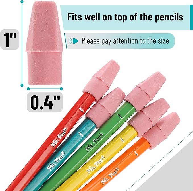 Mr. Pen- Pencil Top Erasers, 120 Pack, Pink, Latex-Free, No-Smudge Cap Pencil Erasers for Precise Erasing, Kids, Teachers, Studying Supplies