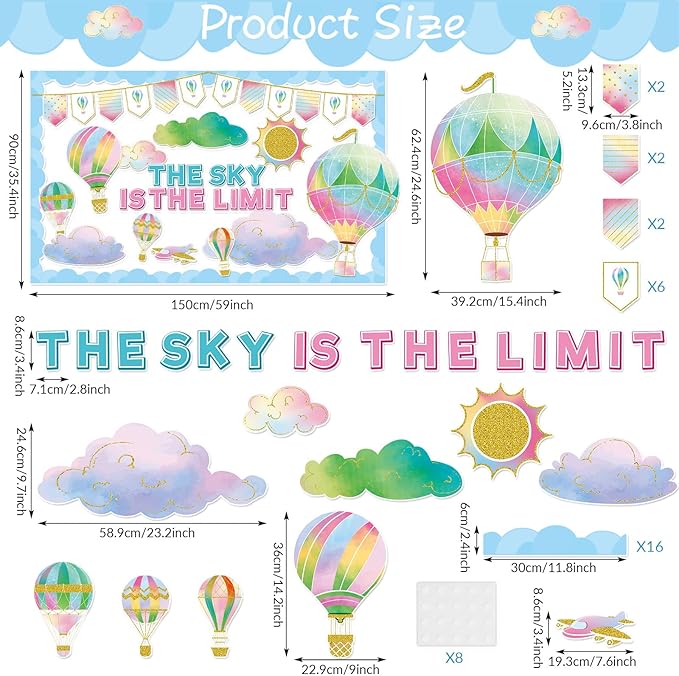 Hot Air Balloon Bulletin Board The Sky is The Limit Classroom Bulletin Board Decorations Colorful Hot Air Balloon Cloud Cutouts Decorations for Back to School Office Home Chalkboard Decor Wall Door