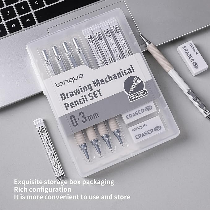 languo 0.3mm Mechanical Pencil Set with Case, 4PCS Drafting Mechanical Pencils Kit – 4 Tubes HB Lead Refills, 3 Erasers, Ideal Pencil Set for Writing & Drawing