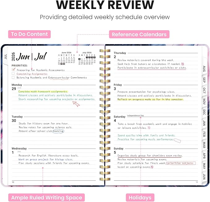 Planner 2026-2027, Monthly and Weekly Calendar Academic Planner July 2026 - June 2027, Hardcover Student Teacher Planning Agenda Book with Tabs, Perfect for Office School Supplies, A5 (6.3" x 8.5") - Pink Vortex
