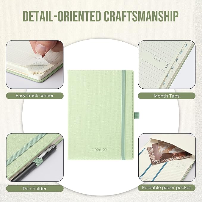 Planner 2026-2027 Weekly & Monthly Planner with Hourly Time Slots, 18 Month Academic Calendar July 2026 – Dec 2027, Vertical Layout, Monthly Tabs, Textured Fabric Hardcover, Green