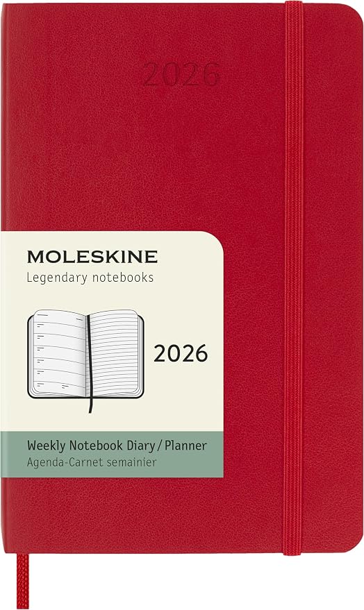 Moleskine Classic 12 Month 2026 Weekly Planner, Soft Cover, Pocket (3.5" x 5.5"), Scarlet Red, 144 pages