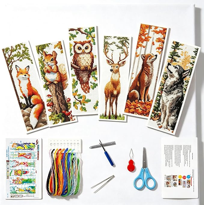 Zhenqing Woodland Animal Stamped Cross Stitch Bookmark Kit, 6 Fox, Squirrel, Owl, Deer and Wolf Designs on 11CT Printed Fabric for Adults and Beginners, DIY Reading Gift for Book and Nature Lovers