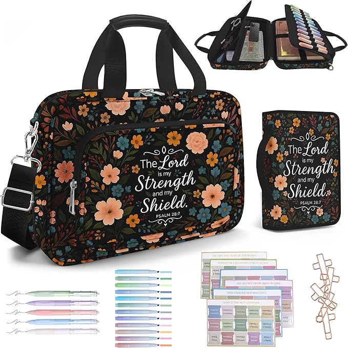Floral Bible Cover for Women, Large Bible Bag Carrying Case with Shoulder Strap Bible Study Supplies Journaling Kit Book Carrying Case with Pens Highlighters Cross Clips Tabs Christian Gift