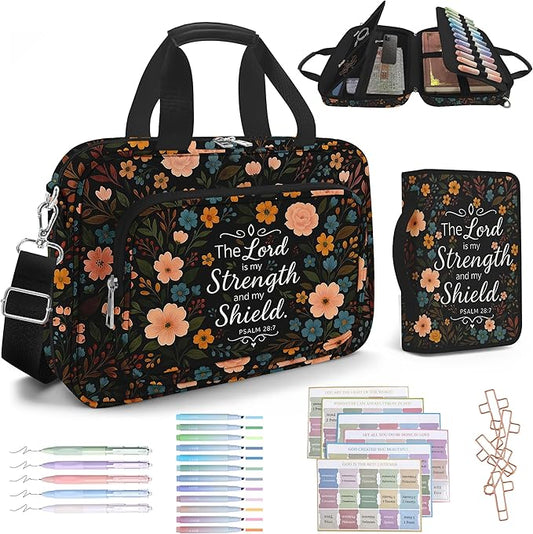 Floral Bible Cover for Women, Large Bible Bag Carrying Case with Shoulder Strap Bible Study Supplies Journaling Kit Book Carrying Case with Pens Highlighters Cross Clips Tabs Christian Gift
