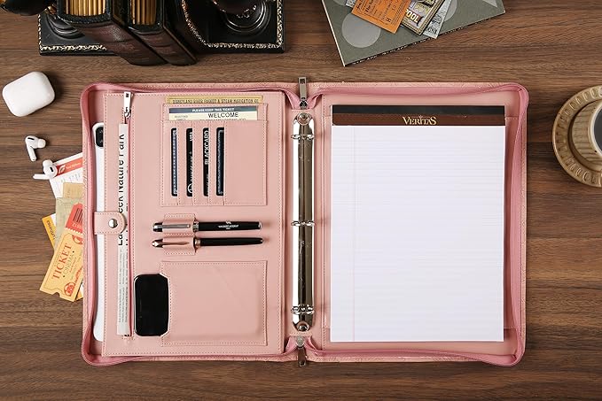 Vegan Leather Padfolio, 3 Ring Binder - Pink Padfolio with Pattern, Handmade Portfolio Organizer