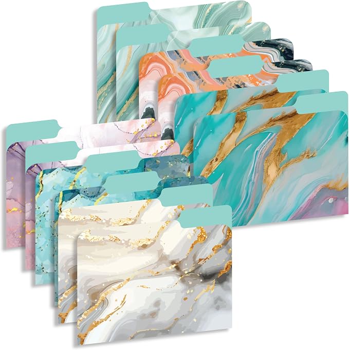 Decorative File Folders 1/3 Cut Tab, 12 Pack Marble Design, Heavyweight Laminated Letter Size (9.5” x 11.5”), Stylish Fashion File Folders for Home, Office & School Organization (Marble)