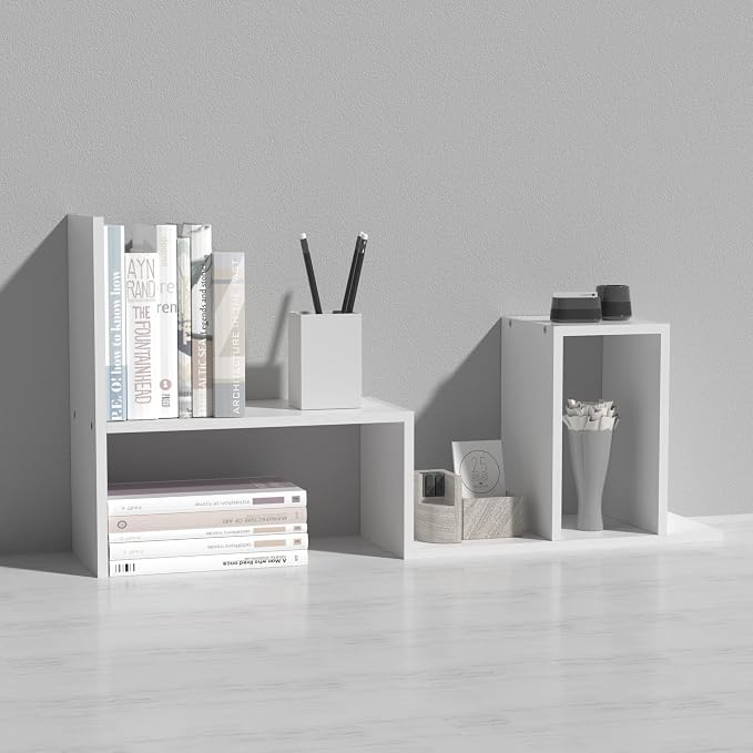 MASAKA B&W - Kawaii Storage Desktop Organizer for Your Desk Space, Double H Plants Display Shelf, Home Office Storage Rack Adjustable Stackable for Office, Dormitory (White*02)