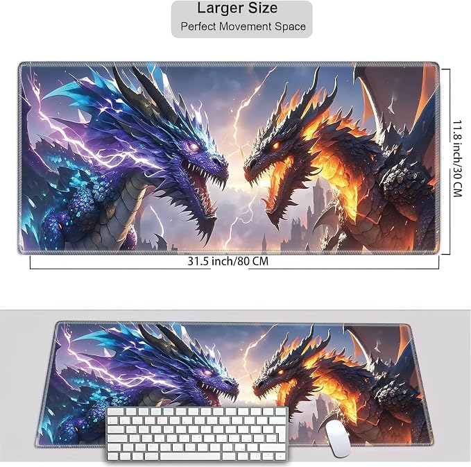 Mouse Pad Gaming Mousepad 31.5x11.8 Inch XXL Large + Coasters,Desk Mat with Stitched Edges, Non-Slip Rubber Base, Thick Mouse Pad for Computer, Laptop, Office & Home - Dragon