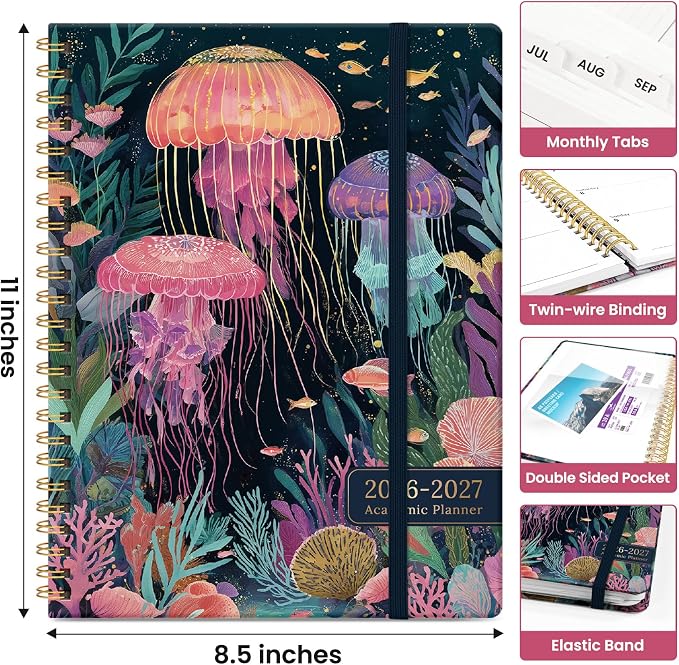 Planner 2026-2027, Academic Year Monthly and Weekly Calendar Planner, Jul 2026 - Jun 2027, Hardcover Teacher Student Planning Agenda book with Tabs, Perfect for School Office Supplies, 8.5" x 11" - Jellyfish