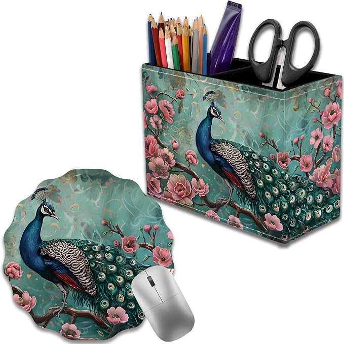 Pen Holder for Desk, PU Leather Multifunctional Desktop Storage Box and Anti-Slip Mouse Pad Set, Makeup Brush Holder Pen Organizer for Office and Home - Peacock