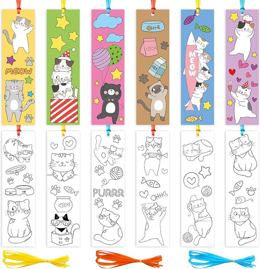 ANGOLIO Cat Coloring Bookmarks for Kids - 123Pcs DIY Blank Bookmark Set for Art Crafts, Classroom Rewards, Party Favors Creative Animal Bookmark Activity for School, Birthday Gifts, Goodie Bag Fillers