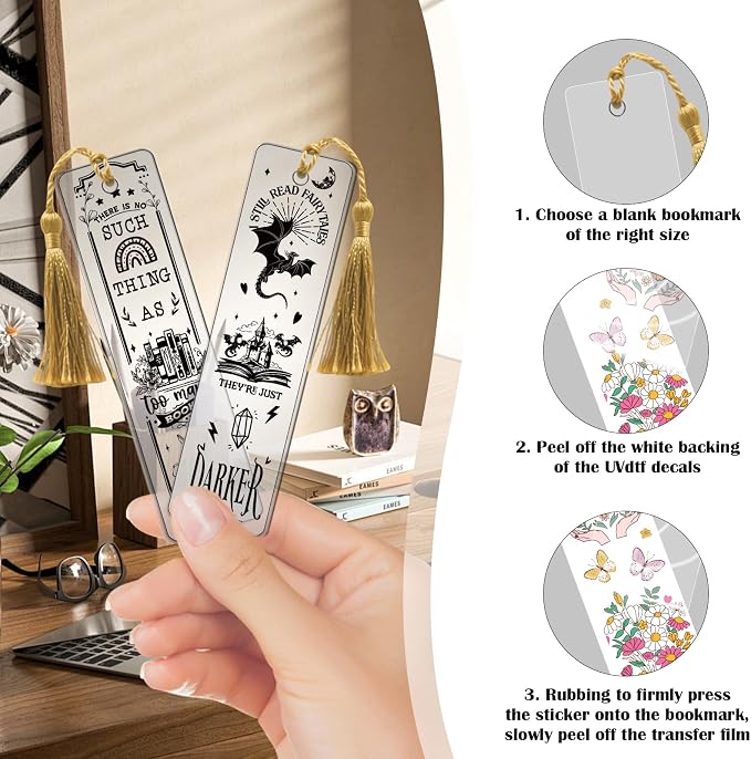 Funny UV DTF Bookmark Wraps - 24 Sheets Reading Enthusiast Acrylic Bookmark Blank Uvdtf Decals, Fun Floral Dragon Skull Transfer Stickers for Bookmarks Craft Decorations Gift for Women