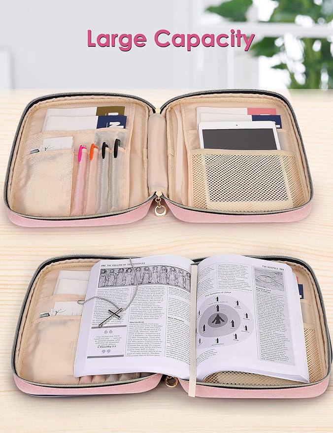 heouvo Bible Cover Case for Women, Bible Study Supplies, Bible Journaling Kit, 6 No Bleed Bible Highlighters and Pens, 75 Bible Tabs, Large Size Zippered Bible Bags (Pink)