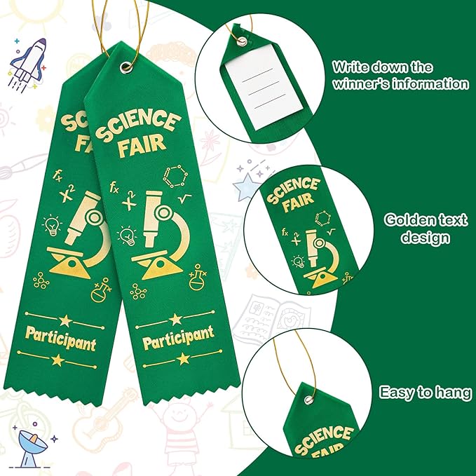 Taiyin 100 Pcs Science Fair Participant Award Ribbons with Event Card String Green Participation Prize Ribbons for Science Fair Competition Event School Team