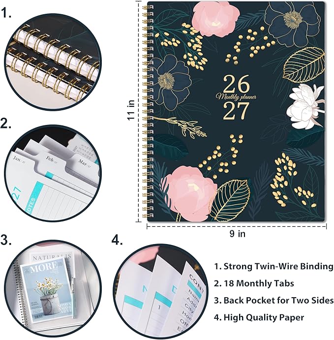 2026-2027 Monthly Planner - 18 Monthly Planner/Calendar 2026-2027, July 2026 - December 2027, 9‘’ x 11'', Months Tabs, Double-Sided Pockets, Twin-Wire Biding, Holidays, Notes Pages, Julian Dates
