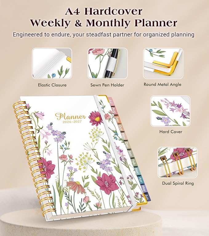 Academic Planner 2026-2027, Hardcover Weekly and Monthly Calendar Planner from July 2026 - June 2027, 8.5" x 11" A4 Large Daily Agenda with Tabs, College School Organizer for Student Teacher, Ivory Wild Flowers