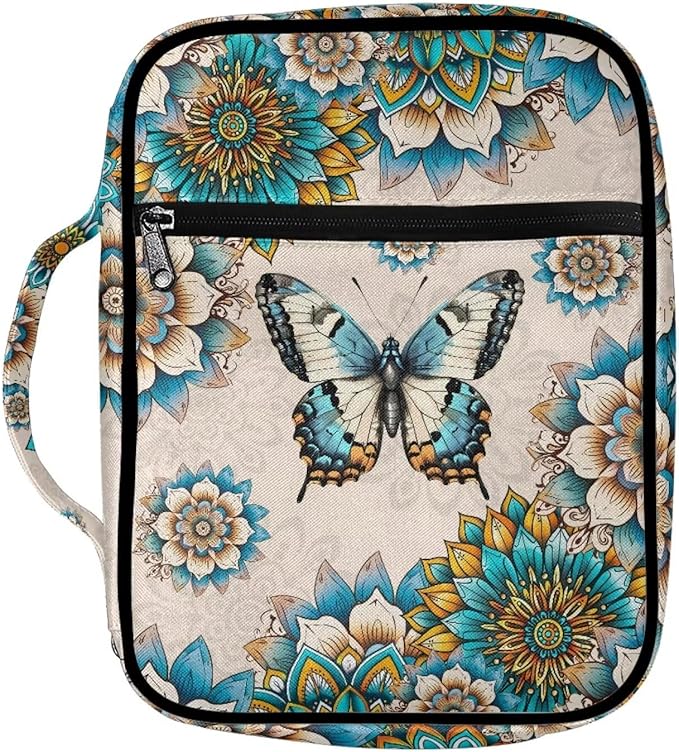 Suobstales Boho Butterfly Print Bible Cover Portable Carrying Book Case Multi-Functional Bible Organizer Case with Handle and Zippered Back Pocket