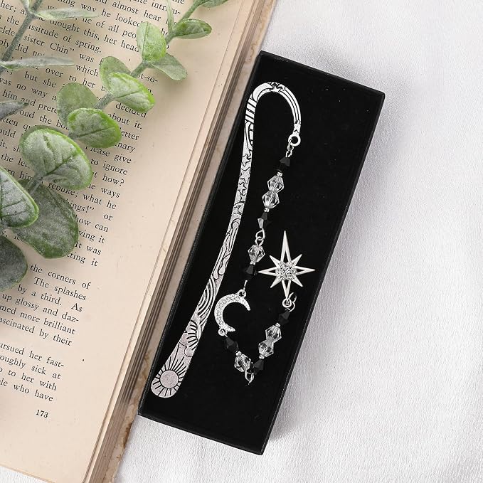 Fantasy Vintage Metal Bookmark - Silver Funny Hook Book Marks Beads Moon Star Charm Page Mark Bookish Gifts for Women Men Kids Reading Lovers Readers Students Bookworms Christmas School