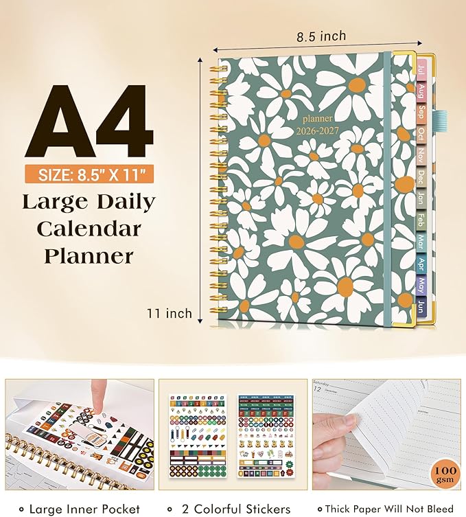 Academic Planner 2026-2027, Hardcover Weekly and Monthly Calendar Planner from July 2026 - June 2027, 8.5" x 11" A4 Large Daily Agenda with Tabs, College School Organizer for Student Teacher, Field of Daisies