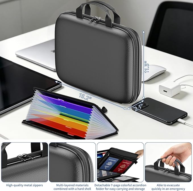 Tamfile Fireproof Document Box with Lock, Hard Case File Organizer with 7-Pocket Accordion Colour File Folder, Portable Safe Storage for Home Office Travel to Important Documents, Laptop, Black