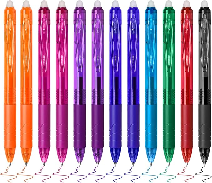 Temiary 12Pcs Erasable Gel Pens Multicolor, Easy to Erase No Smudge, Fine Point Colorful Pen Smooth Writing for Note Taking, Assorted Color Ink for School Office Stationary (0.7 mm)