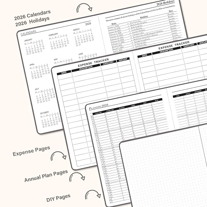 Daily Planner 2026, Calendar 2026 Agenda Planner Daily Journal Notebook 8.5"x5.8", January 2026 to December 2026, Faux Leather Cover (Grey, 8.5"×5.75")