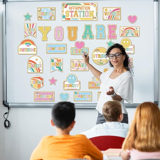 Hippie Retro Groovy Affirmation Station Bulletin Board Set Boho Hippie Motivational Bulletin Board Classroom Decorations Positive Affirmations Station Posters Cutouts for Classroom Wall Mirror Decor
