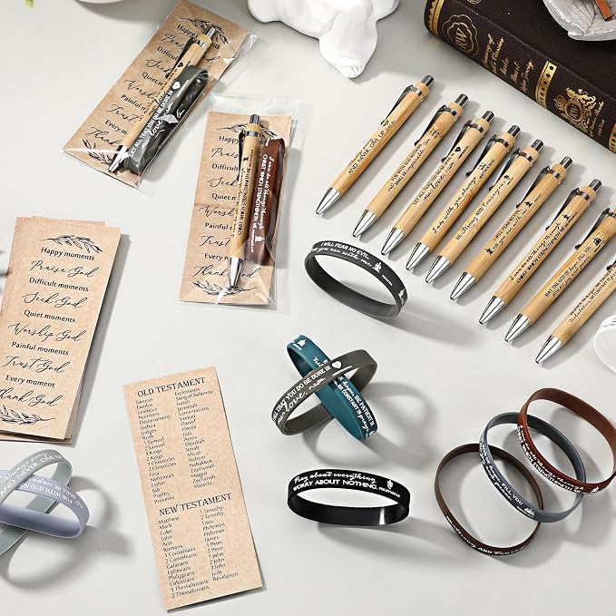 Feifeiya 20 Set Father's Day Church Gifts Bulk Bible Verse Pens with Scripture Bracelets & Religious Bookmarks, Fathers Day Christian Gifts for Men Dad Sunday School Study Bible Devotional Supplies