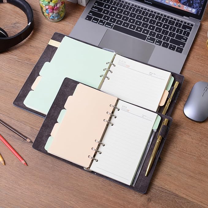 Wonderpool Leather Journal Lined Paper Notebook & Pen - Refillable 6 Ring Binder Writing Spiral Diary with Ruled Notepads Vintage Cover for Office Travel Work and Plan Agenda (A6, a-Cyan)