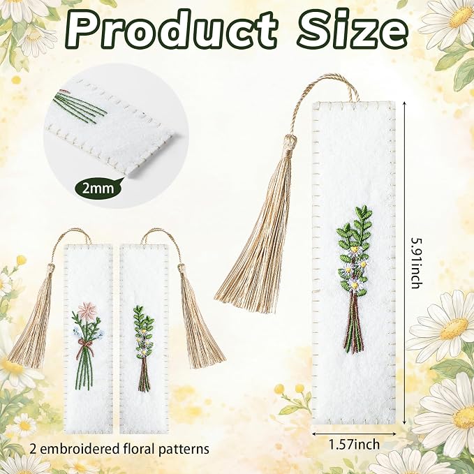 Gersoniel 2 Pack Embroidery Felt Bookmarks Floral Patterns Bookmark with Tassels Handmade Flower Bookmark Cute Book Markers for Reading Adults School Office Book Lovers Gifts (Plant)